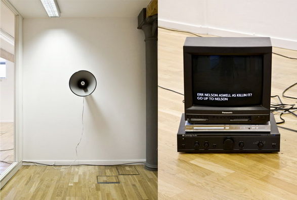 Rebecca Lennon, `Sea sicknes on dry land` (2008), horn Tannoy speaker, CCTV monitor, DVD audio recordings and animated text.