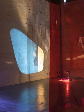 Holly Davey, R- `Untitled (Athens, Louth, Marken, Ronda)` (detail), plywood, Scarlet 24 lighting gel, 2017; L - `OHP: Untitled`, Over Head Projection collages, 2017.