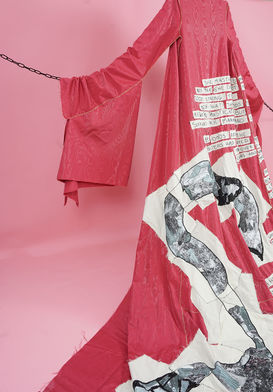 Red Delicious (2019) Red Watered Silk, Cotton Calico, Applique Photocopied Paper, Glass Beads, Gold Thread, Mild Steel Stand, Galvanised Steel Chains, Bramley Apples. Photo courtesy Hannah Spencer Red Delicious (2019) Red Watered Silk, Cotton Calico, Applique Photocopied Paper, Glass Beads, Gold Thread, Mild Steel Stand, Galvanised Steel Chains, Bramley Apples. Photo courtesy Hannah Spencer